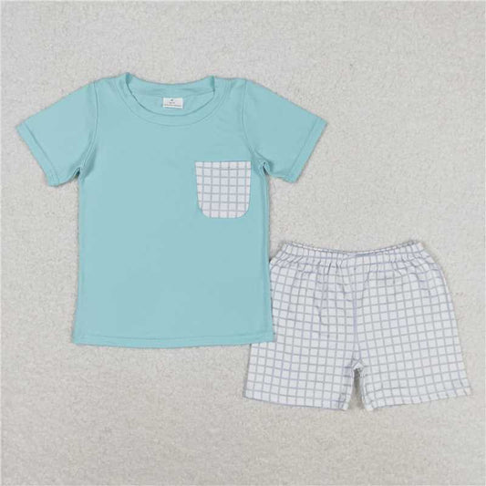 BSSO0799 Baby Boys Blue Pocket Shirt Top Checkered Shorts Clothes Sets