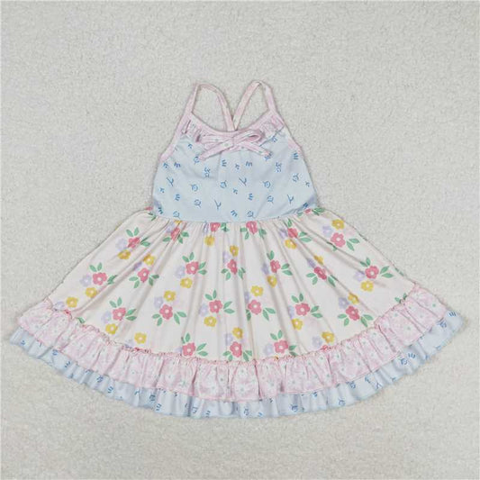 GSD0882  Baby Girls Straps Blue Small Flowers Ruffle Knee Length Dresses