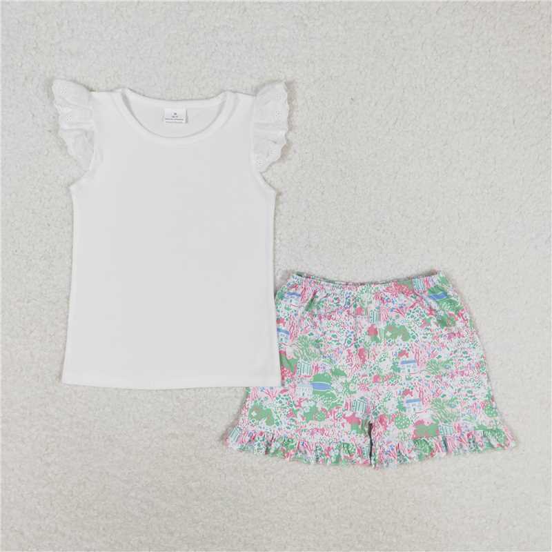 GSSO0888 Pure white flying sleeves floral green shorts set