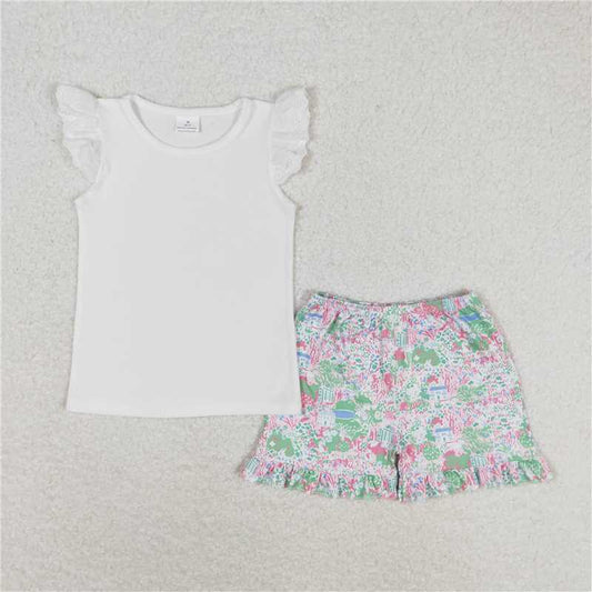 GSSO0888 Pure white flying sleeves floral green shorts set