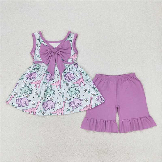 GSSO0533 Flower dinosaur purple bow sleeveless shorts set