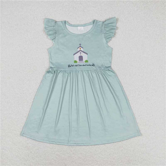 GSD1156 RTS NO MOQ Baby Girls Summer Dress Church letter blue green flying sleeve dress
