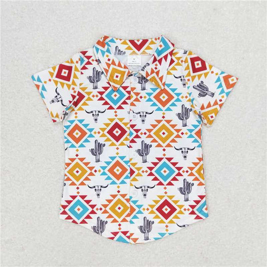 BT0550  Baby Boys Aztec Cow Skull Cactus Short Sleeve Buttons Tee Shirts Tops