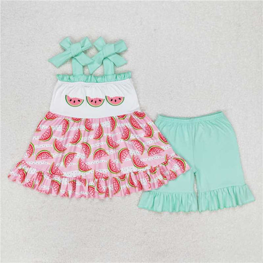 GSSO0709 Watermelon pink striped blue green lace bow suspender shorts set