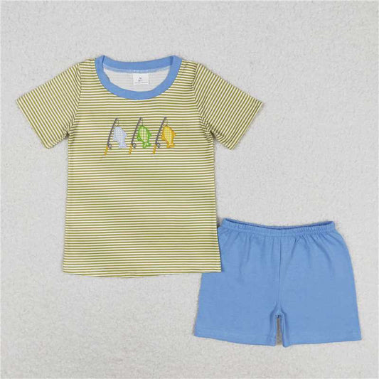 BSSO0732 RTS NO MOQ Baby Boys Summer Boys Outfits Baby Boys Stripes Fishing Short Sleeve Tee Shirts Tops Shorts Clothes Sets
