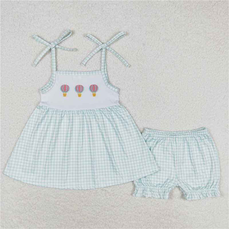 GSSO0982 Embroidered hot air balloon plaid suspender shorts set
