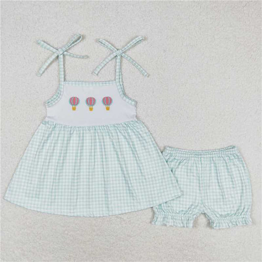 GSSO0982 Embroidered hot air balloon plaid suspender shorts set
