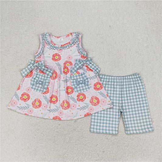 GSSO0993 Daisy flower blue lace bow sleeveless shorts set