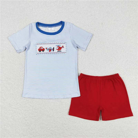 BSSO0649 RTS NO MOQ Baby Boys Summer Boys Outfits Baby Boys Blue Stripes Transpotation Shirt Shorts Clothes Sets