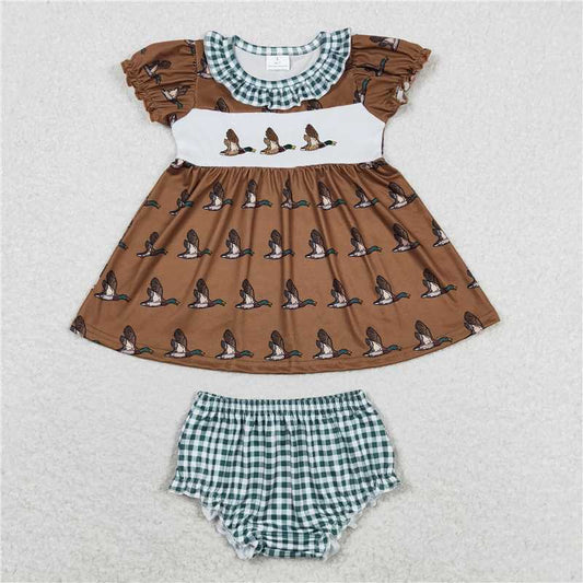 GBO0319  Baby Girls Ducks Green Checkered Tunic Top Bummies Clothes Sets