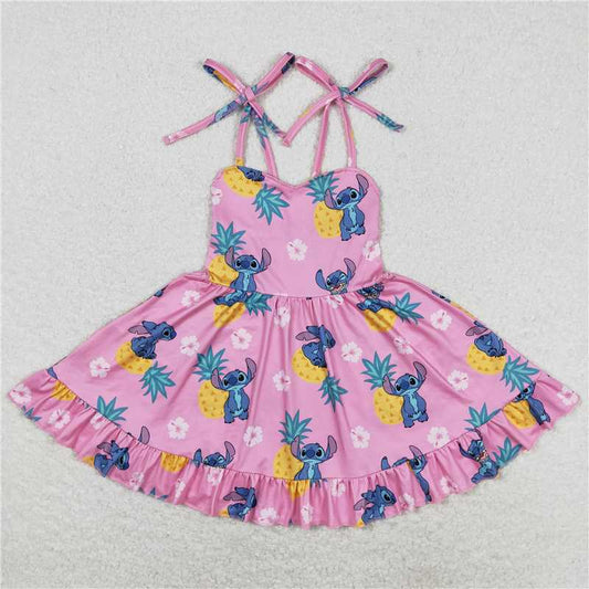 GSD1080RTS NO MOQ Baby Girls Summer Dress  Baby Girls Strapes Pineapple Mouse Ruffle Knee Length Dresses