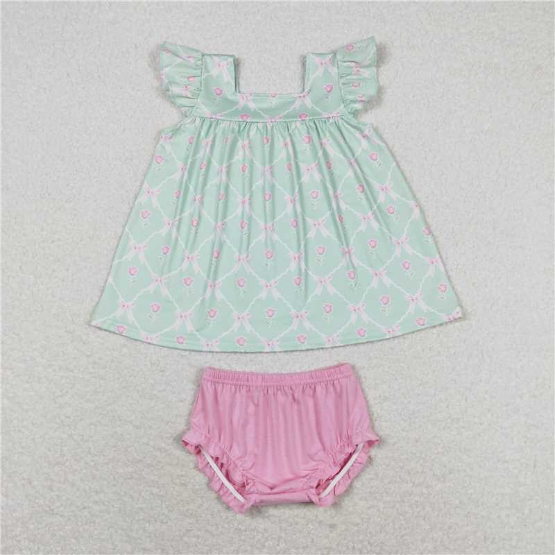 GBO0353  Baby Girls Green Bows Top Bummies Clothes Sets