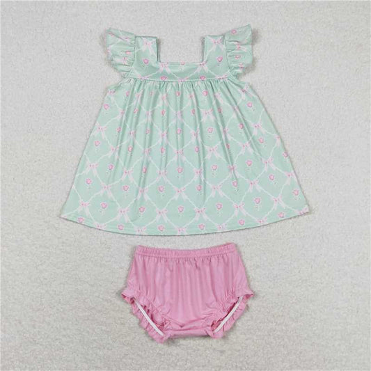 GBO0353  Baby Girls Green Bows Top Bummies Clothes Sets