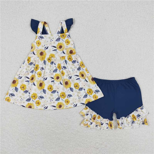 GSSO1006 Flower navy blue lace sleeveless shorts set