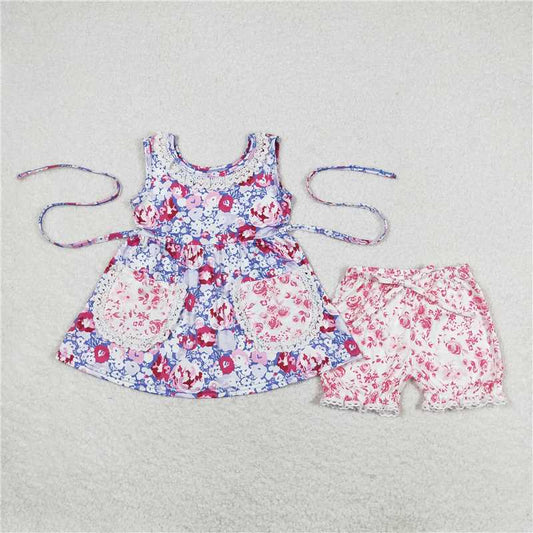 GSSO0856 Flower blue and purple pocket sleeveless shorts set