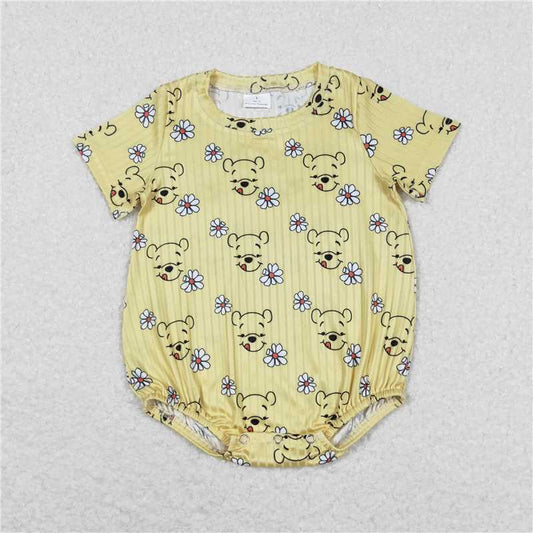 SR1432  Baby Infant Girls Bear Flowers Short Sleeve Rompers