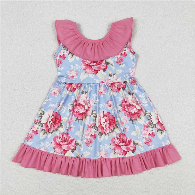 GSD0723  Flower pink lace bow blue sleeveless dress