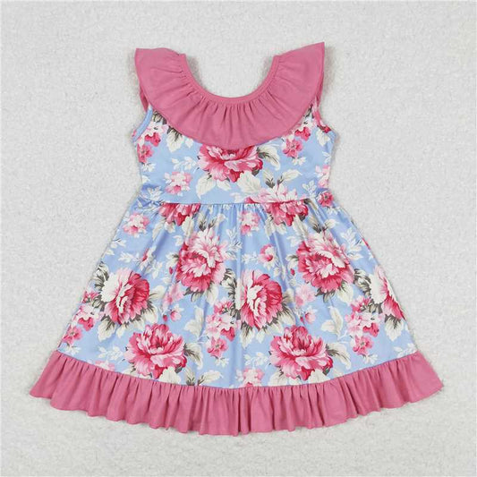 GSD0723  Flower pink lace bow blue sleeveless dress