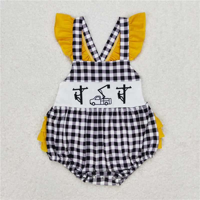 SR1222  Baby Girls Line Man Black Checkered Sibling Rompers Clothes Sets
