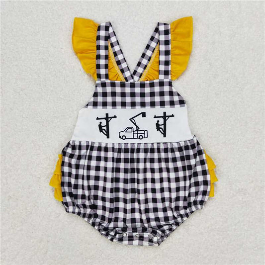 SR1222  Baby Girls Line Man Black Checkered Sibling Rompers Clothes Sets