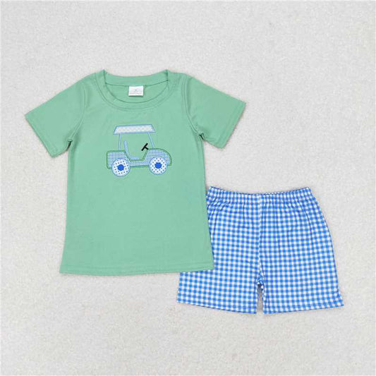BSSO0692 Baby Boys Golf Short Sleeve Shirt Blue Checkered Shorts Clothes Sets