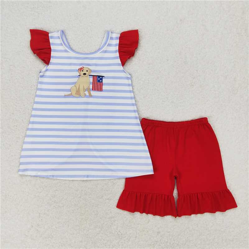 GSSO0663 Embroidered puppy flag stripes red bow flying sleeve shorts set