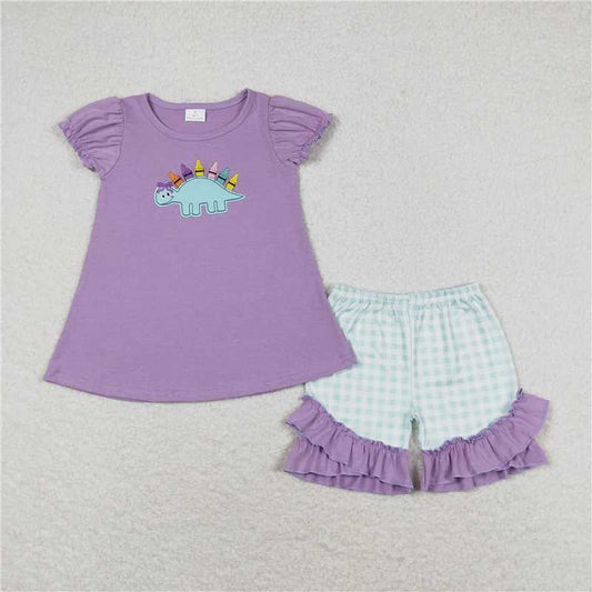 GSSO1032 Embroidery Crayon Dinosaur Purple Short Sleeve Green Plaid Shorts Set