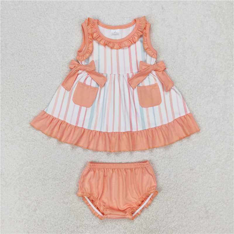 GBO0293RTS NO MOQ Baby Girls Summer Outfits  Baby Girls Orange Stripes Sleeveless Top Summer Bummies Clothes Sets