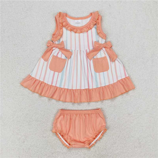 GBO0293RTS NO MOQ Baby Girls Summer Outfits  Baby Girls Orange Stripes Sleeveless Top Summer Bummies Clothes Sets