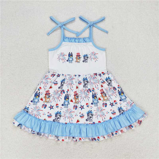 GSD1069  Baby Girls 4th Of July Dog Sibling Dresses Sets