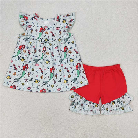 GSSO1043 Mermaid green flying sleeves and red shorts set