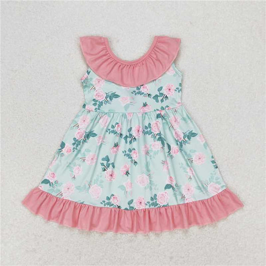 GSD0722 Flower Pink Lace Bowknot Water Green Sleeveless Dress