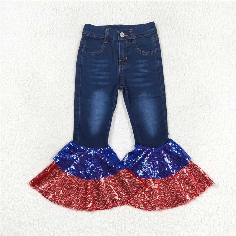 P0430  Baby Girls 4th Of July Denim Sequin Bell Bottom Pants Jeans