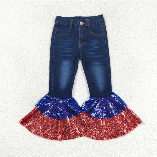 P0430  Baby Girls 4th Of July Denim Sequin Bell Bottom Pants Jeans