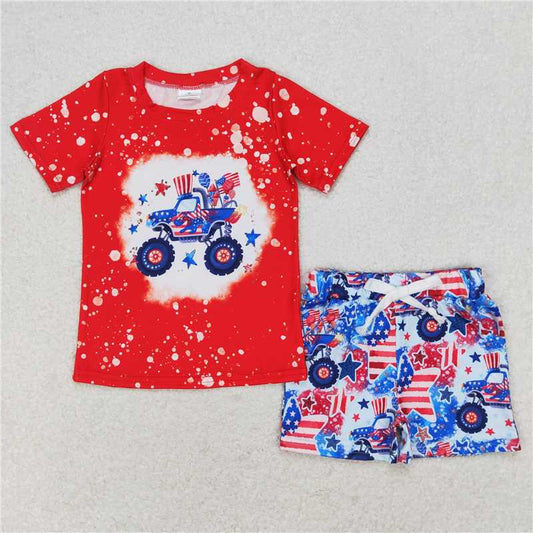 BSSO0583 Baby Boys 4th Of July Truck Tee Top Summer Shorts Clothes Sets