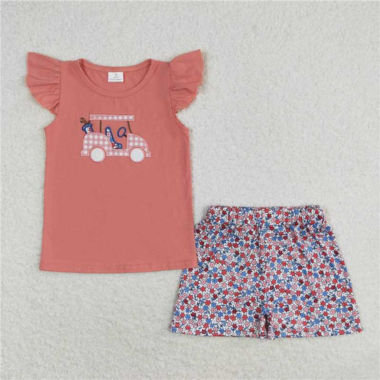GSSO0669 Embroidered golf cart pink flying sleeves floral shorts set