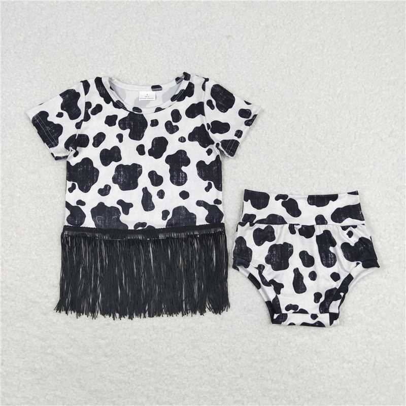 GBO0273  Baby Girls Cow Black White Shirt Top Bummies Clothes Sets
