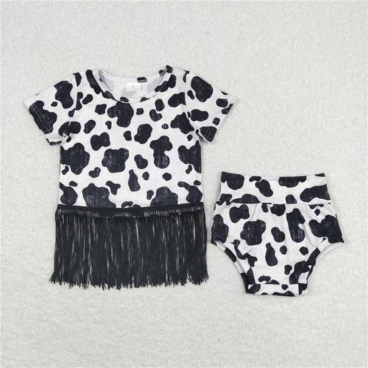 GBO0273  Baby Girls Cow Black White Shirt Top Bummies Clothes Sets