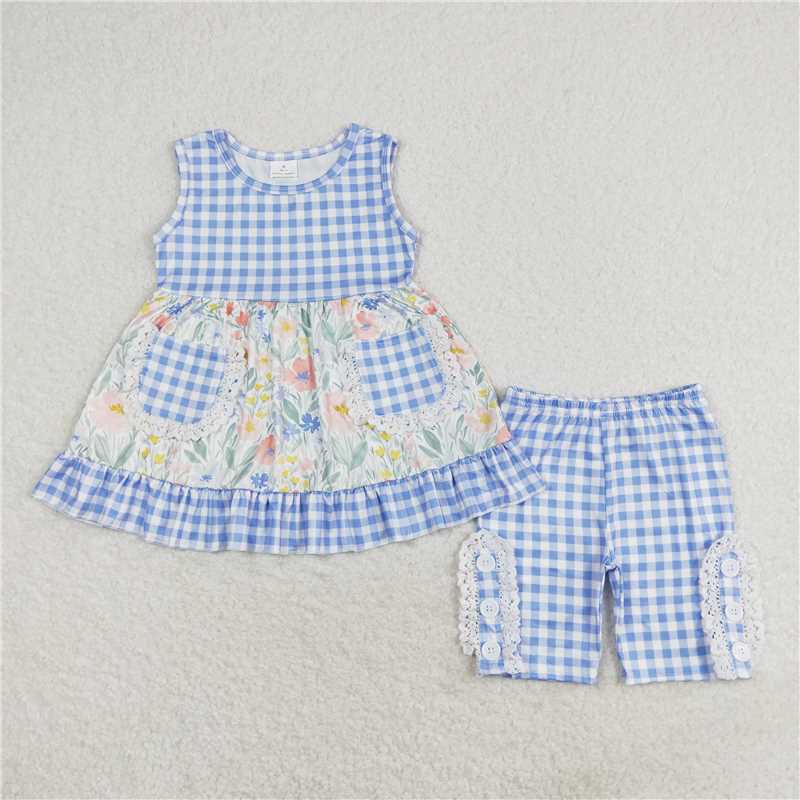 GSSO0908 Flower floral blue and white plaid pocket lace sleeveless shorts set