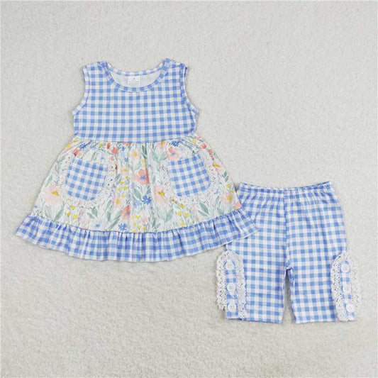 GSSO0908 Flower floral blue and white plaid pocket lace sleeveless shorts set