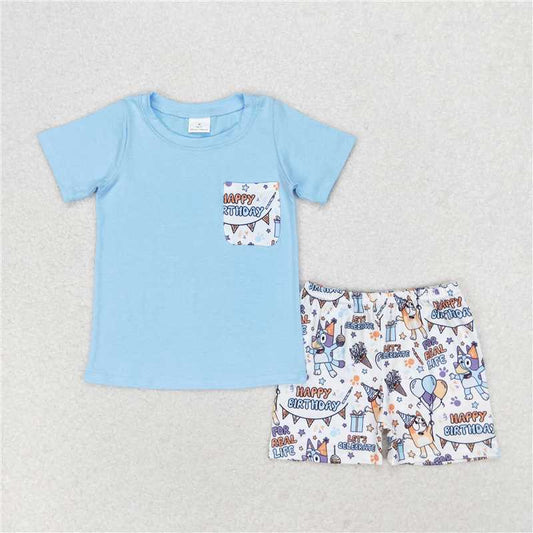 BSSO0907 Baby Boys Blue Tee Shirts Tops Birthday Dogs Shorts Clothes Sets