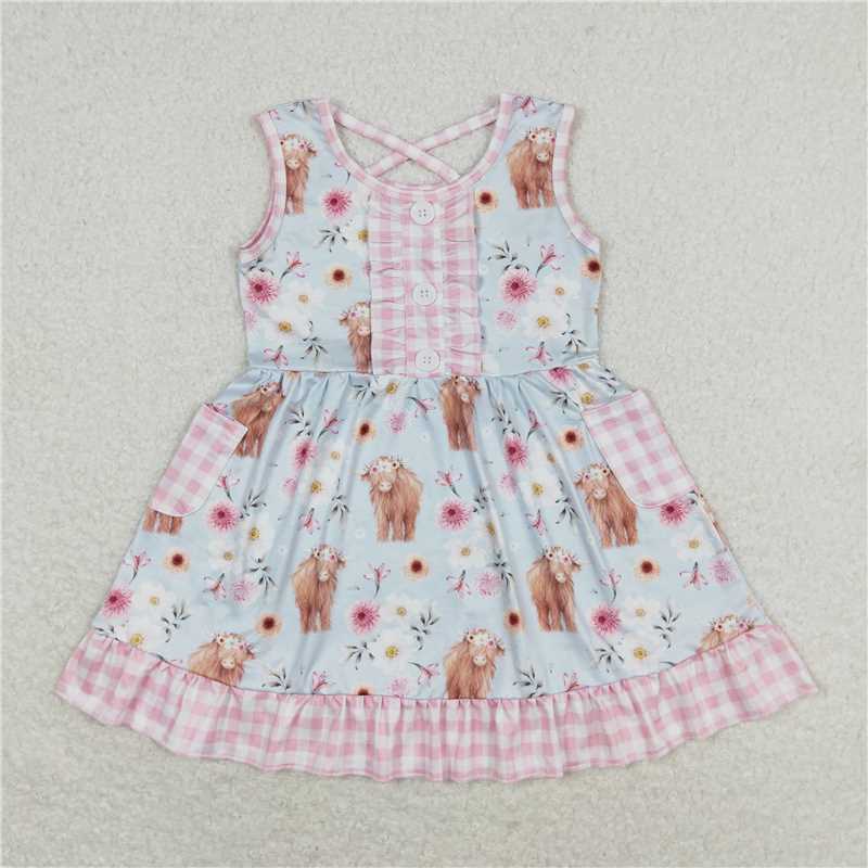 GSD1173  Alpine bull head flower pink and white plaid pocket light blue sleeveless dress