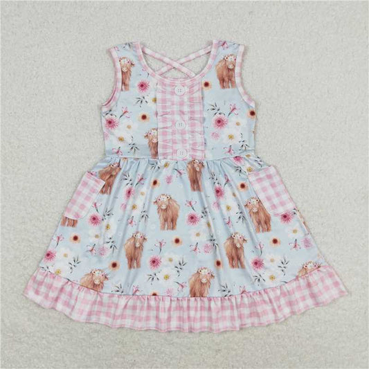 GSD1173  Alpine bull head flower pink and white plaid pocket light blue sleeveless dress