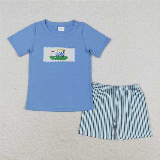 BSSO0616 Baby Boys Blue Golf Shirt Stripes Shorts Clothes Sets
