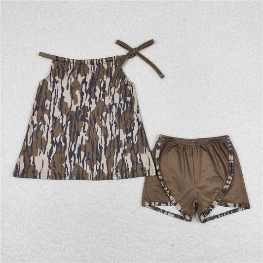 GSSO1012 Military green camouflage sleeveless shorts set
