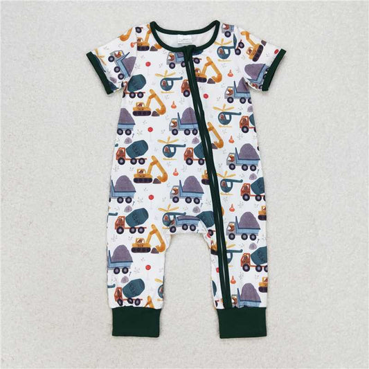 SR0850  Baby Infant Boys Construiction Short Sleeve Zip Rompers