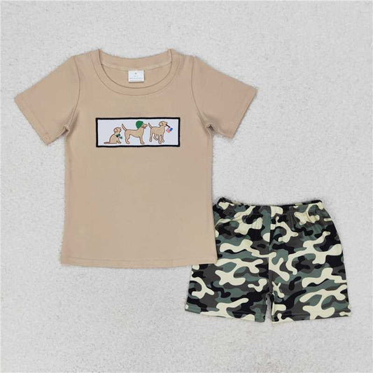 BSSO0720 Embroidery Baby Boys Dog Flag Short Sleeve Shirt Green Camo Shorts Clothes Sets
