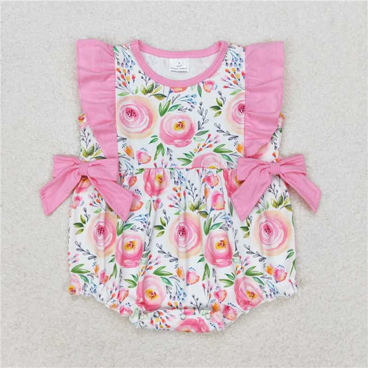 SR1420  Baby Infant Girls Pink Rose Flowers Ruffle Bows Rompers