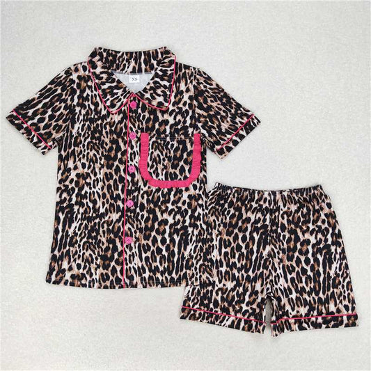 GSSO1122  Adult Women Leopard Buttons Shirt Shorts Pajamas Clothes Sets