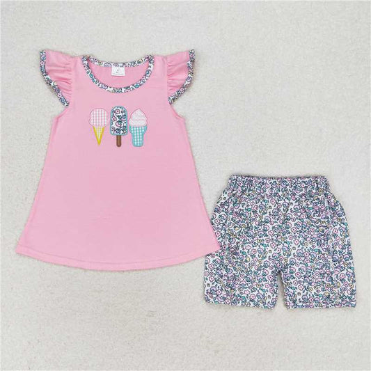 GSSO1193Flutter sleeves ice cream top floral shorts girls clothes